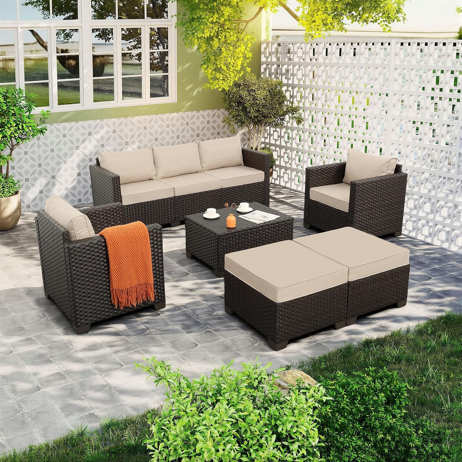 Rattan Star 6 Pieces Patio Outdoor Furniture Outdoor Conversation Sets Wicker Sofa Set with Outdoor Couch Patio Chairs Storage Coffee Table Khaki Cushions Waterproof Covers