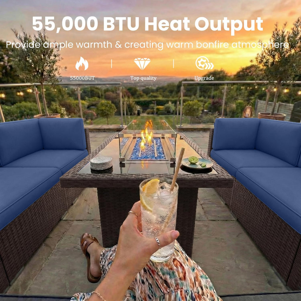 8 Pieces Patio Furniture Set with 44" Propane Gas Fire Pit Table, Outdoor Sectional Brown Rattan Wicker Conversation Sofa Sets with Coffee Table