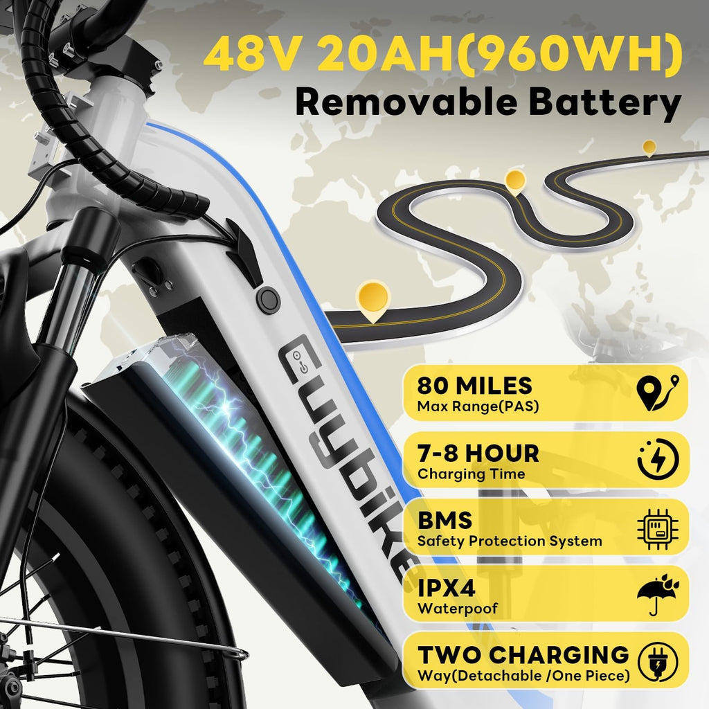 EUYBIKE Electric Bike for Adults 1400W Peak, 48V 20AH(960WH) Removable Battery, 20"x4" Fat Tire Full Suspension 80 Miles Range Step-Thru Hunting Ebike, 7-Speed Dual Brakes Electric Bicycle