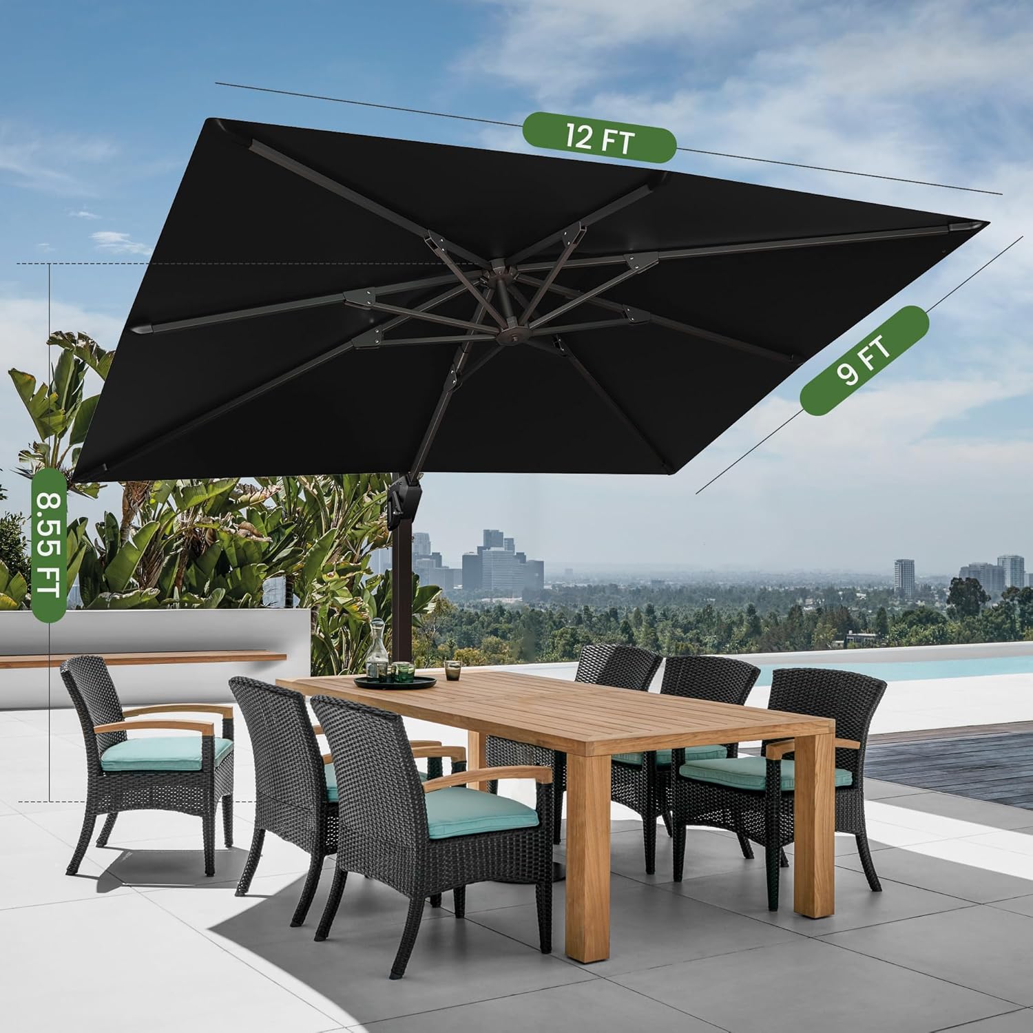 9' X 12' Cantilever Patio Umbrella with Base Included Rectangular Outdoor Large Offset Umbrellas with 7 Tilts Adjustable 360°Rotation for Deck Pool Garden Backyard, Black