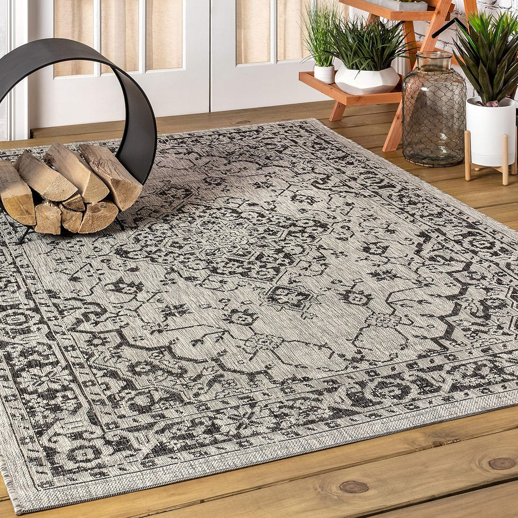 JONATHAN Y Boho Medallion Indoor Outdoor Area Rug 8X10 Gray/Black, Rozetta Textured Weave for Backyard, Patio, Porch, Easy-Cleaning, High Traffic, Pet-Friendly, Non-Shedding (SMB102D-8)