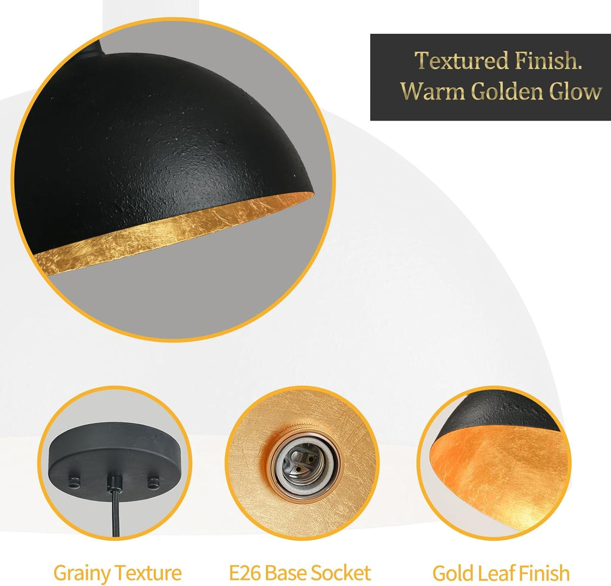 15 Inch Black and Gold Leaf Pendant Light, Grainy Matte Black Dome Chandelier with Hand-Applied Gold Leaf Interior, E26 Socket for Kitchen Island, Dining Room, or Bar