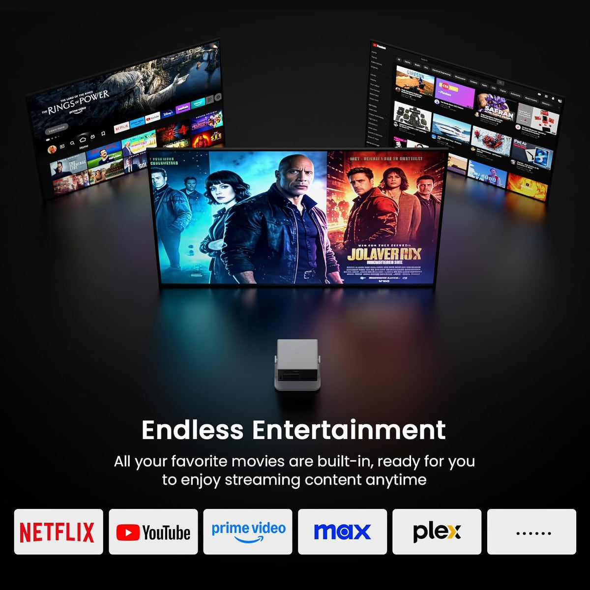 1500 ANSI Smart Projector, Portable Projector with WiFi and Bluetooth, HAPPRUN 4K Full HD Home Theater with 270° Stand, Dolby Sound, Built-in Apps,Compatible with Phone & PC, Indoor & Outdoor Use