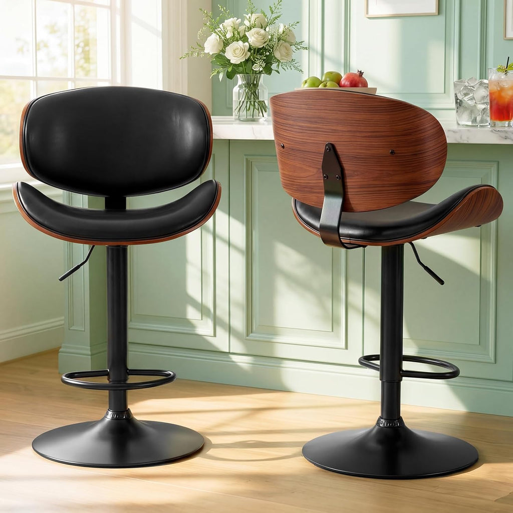 DUMOS Swivel Bar Stools Set of 2, Adjustable Counter Height Bentwood BarStools, PU Leather Upholstery Bar Chair with Ergonomic Back and Footrest, Counter Stools for Bar, Home Kitchen Island, Black