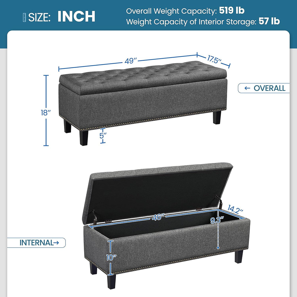 Yaheetech 49" Ottoman with Storage, Tufted Storage Ottoman Bench with Safety Hinge, Entryway Shoe Benches for Bedroom, Living Room, Holds up to 520 lb, Dark Gray