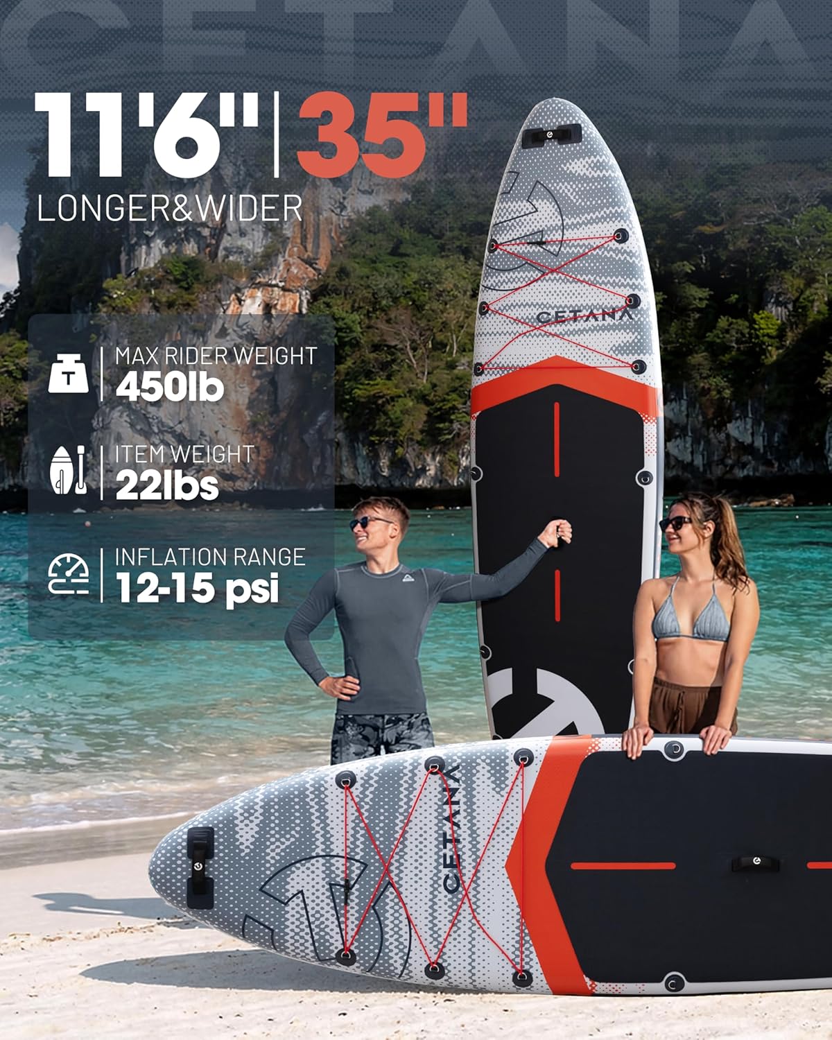 CETANA Extra Wide Inflatable Paddle Board 11'6 x 35" x 6", 450LB High Weight Capacity Wide Stable Stand Up Paddle Board for Beginners, 2–3 Person Large Paddleboard with 3 Fins, Dual Bungee, 15 D Rings