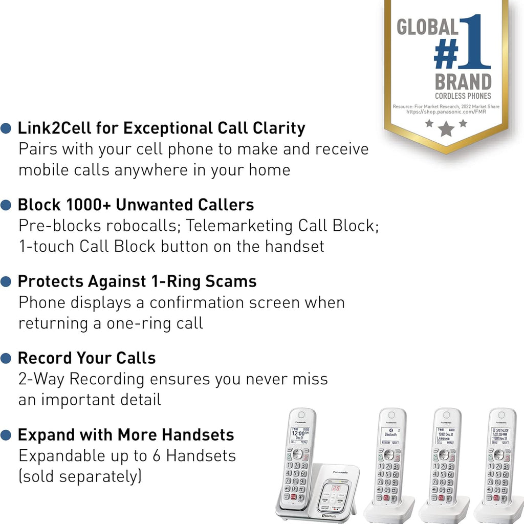 Panasonic Cordless Phone with Answering Machine, Link2Cell Bluetooth Home Phones, Voice Assistant and Advanced Call Blocking, Expandable System with 4 Handsets - KX-TGD864W (White)