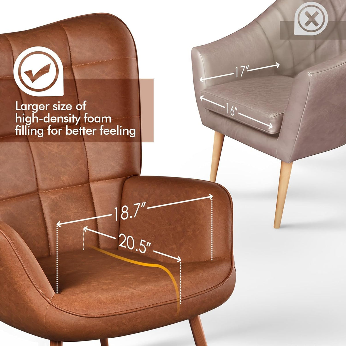Yaheetech Accent Chairs, Large PU Leather High-Back Chair w/Metal Legs, Pottery Barn Style Living Room Chairs for Bedroom/Home Office, Brown, Set of 2