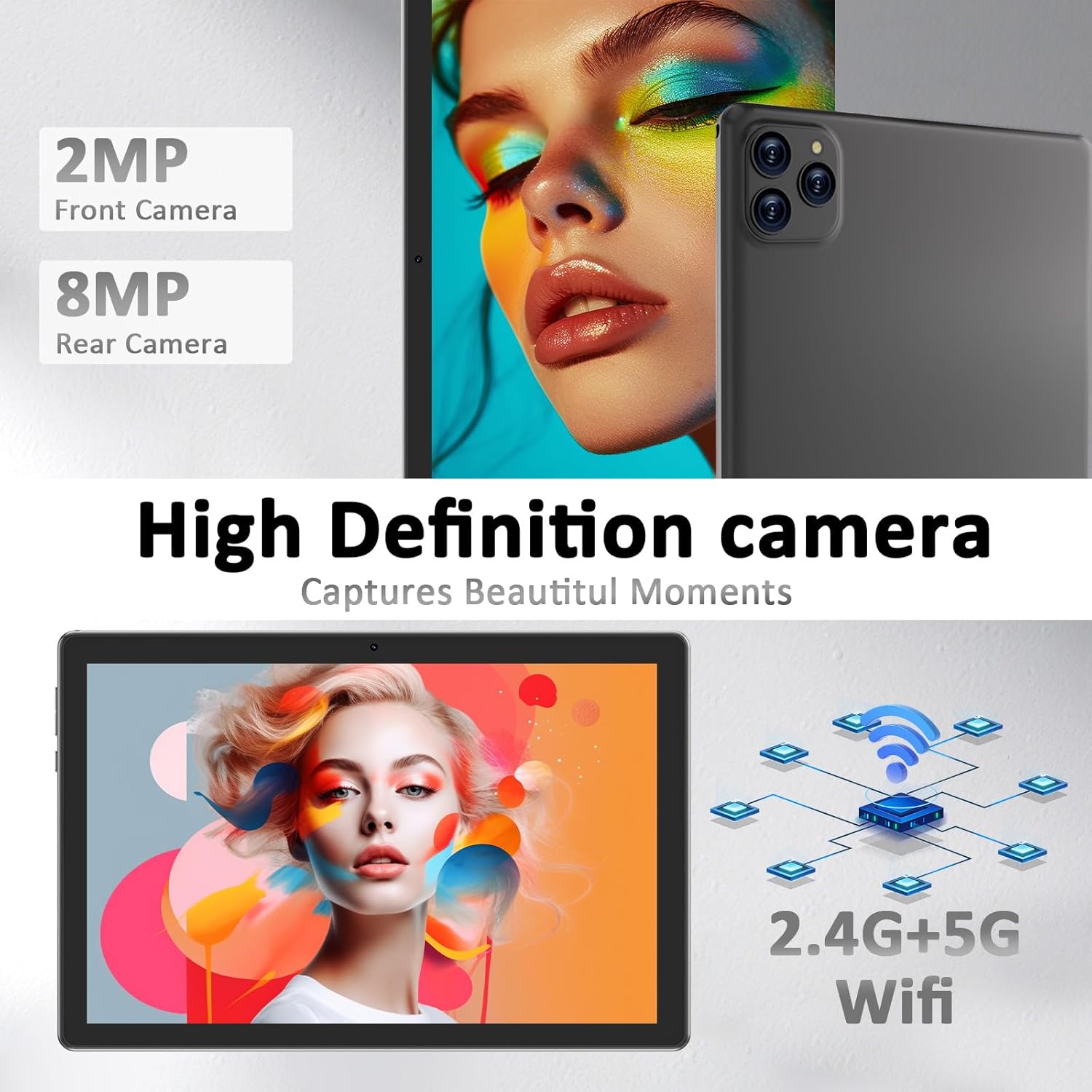 Tablet Android 15 10 Inch 18GB RAM+128GB ROM/ 2TB Expandable Tablet, 1280 * 800 HD Touch Screen, 5G WiFi6 BT 5.0, 2 in 1 Tablets with Keyboard Case Mouse Stylus (Black)