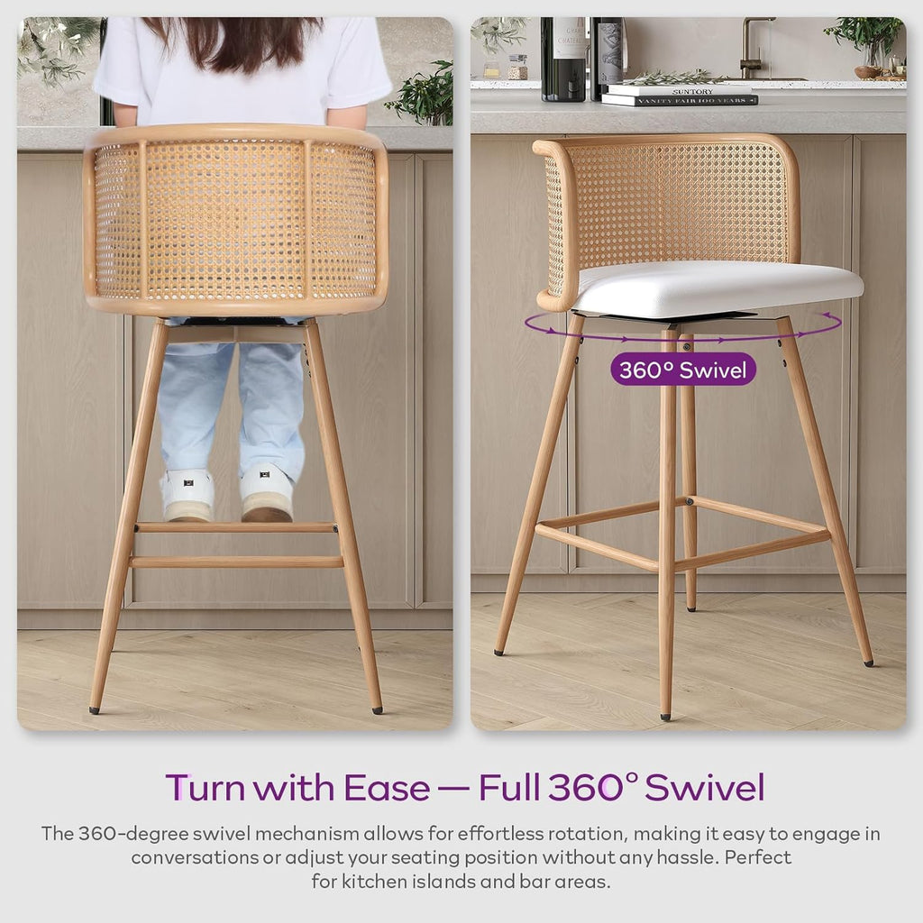 TYBOATLE Swivel Rattan Bar Stools Set of 4, 26” Counter Height Stools with Natural Rattan Woven Back and Faux Leather Seat, Mid-Century Modern Island Chairs Barstools for Kitchen, White