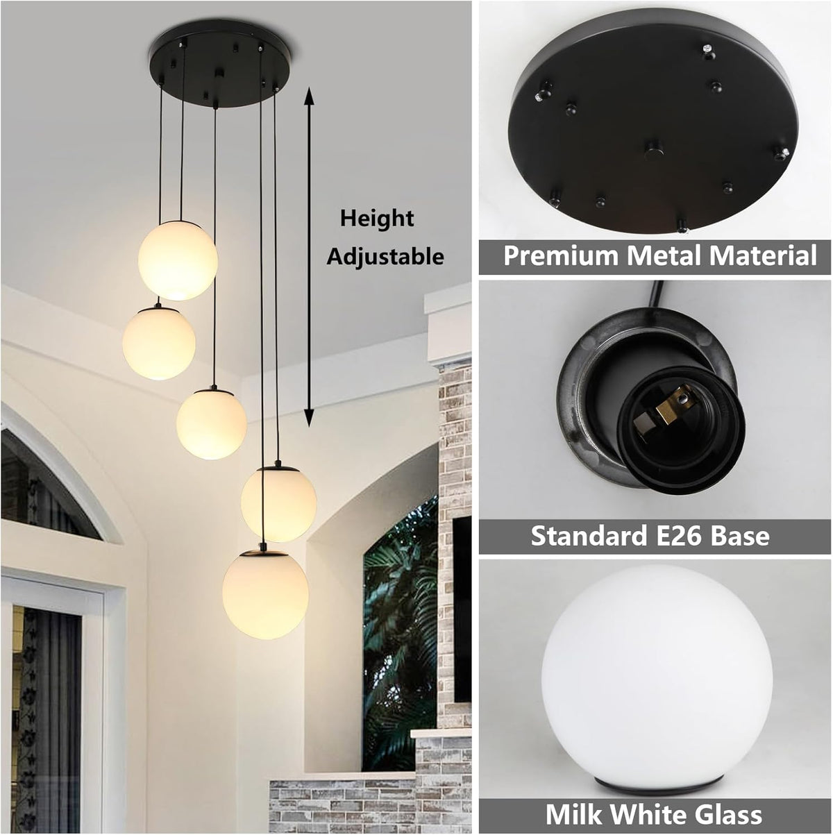 Globe Cluster Chandelier 5-Light, Black Modern Cluster Chandelier with Milk White Glass, Adjustable Globe Staircase Pendant Light for Kitchen Island Dining Room