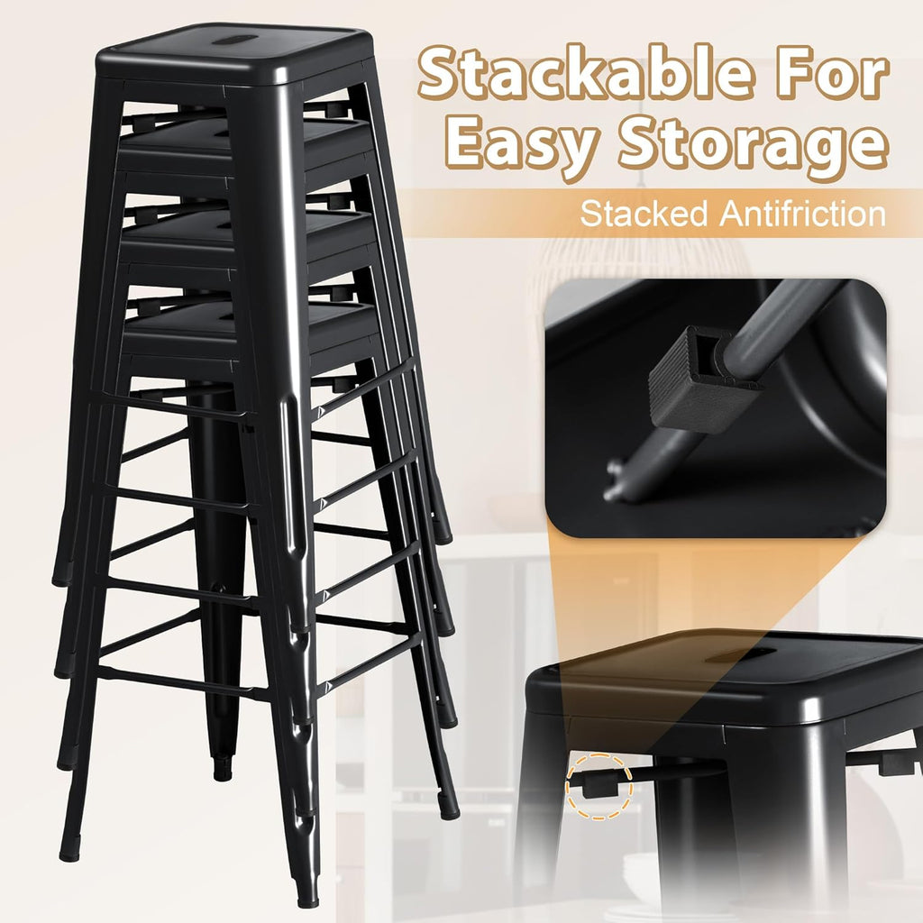 Furmax 30 Inch Metal Bar Stools Set of 4, Counter Height Stools, Industrial Bar Chairs Patio Stool Stackable Stool for Kitchen/Dining Room/Indoor Outdoor(Dark Black, 30'' Backless)