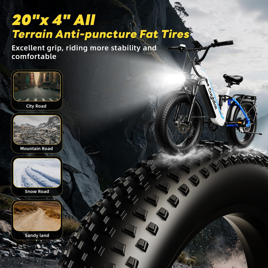 EUYBIKE Electric Bike for Adults 1400W Peak, 48V 20AH(960WH) Removable Battery, 20"x4" Fat Tire Full Suspension 80 Miles Range Step-Thru Hunting Ebike, 7-Speed Dual Brakes Electric Bicycle
