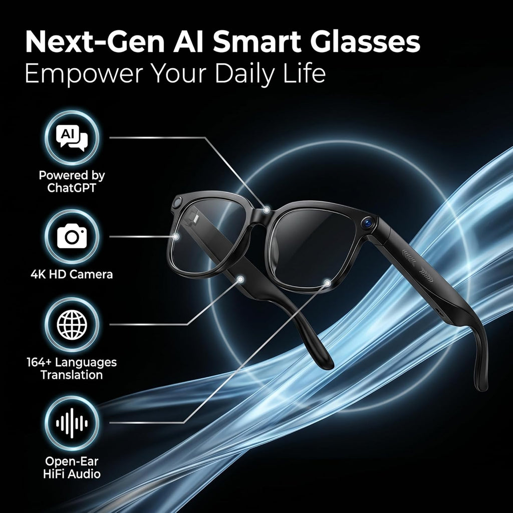 AI Smart Glasses with Camera, 4K HD Video Audio Recording, 164+ Languages Real-Time Translation Bluetooth Sunglasses, AI Voice Assistant, Photochromic Lenses .Voice Control Smart Glasses for Men Women