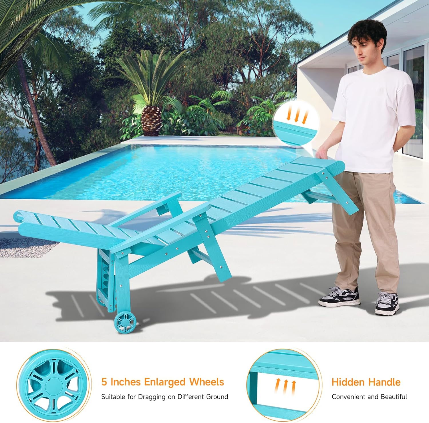 ONBRILL Patio Chaise Lounge Set of 2, Outdoor Lounge Chairs with 5-Level Adjustable Backrest, CupHolder, No Fade, No Break, 350lbs Capacity, HDPS Material, Blue