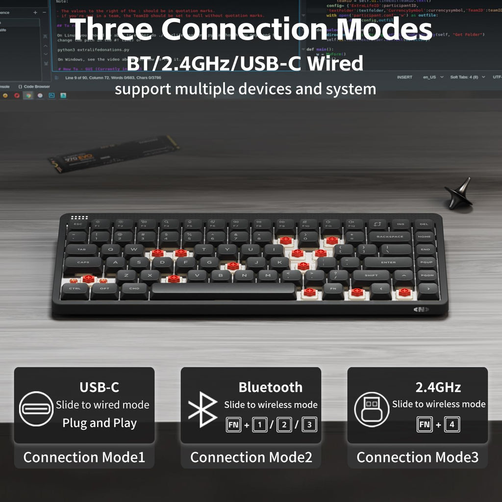 NuPhy Node75 Wireless Mechanical Keyboard, 75% Hot Swappable Custom Low Profile Keyboard, 84 Keys Computer Gaming Keyboards, Supports Touch Gestures, PBT Keycaps, RGB Backlit, Bluetooth/2.4GHz/USB-C