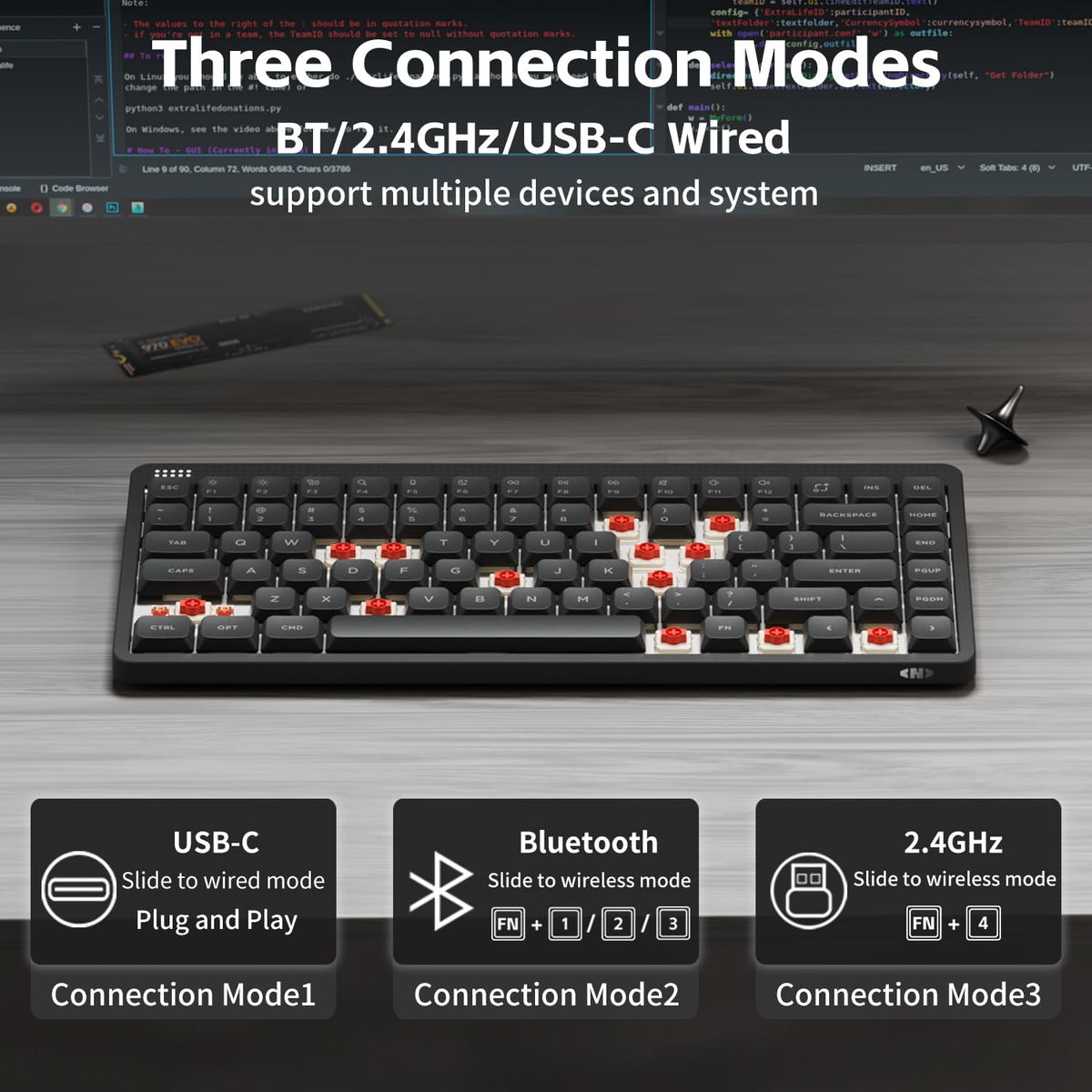 NuPhy Node75 Wireless Mechanical Keyboard, 75% Hot Swappable Custom Low Profile Keyboard, 84 Keys Computer Gaming Keyboards, Supports Touch Gestures, PBT Keycaps, RGB Backlit, Bluetooth/2.4GHz/USB-C