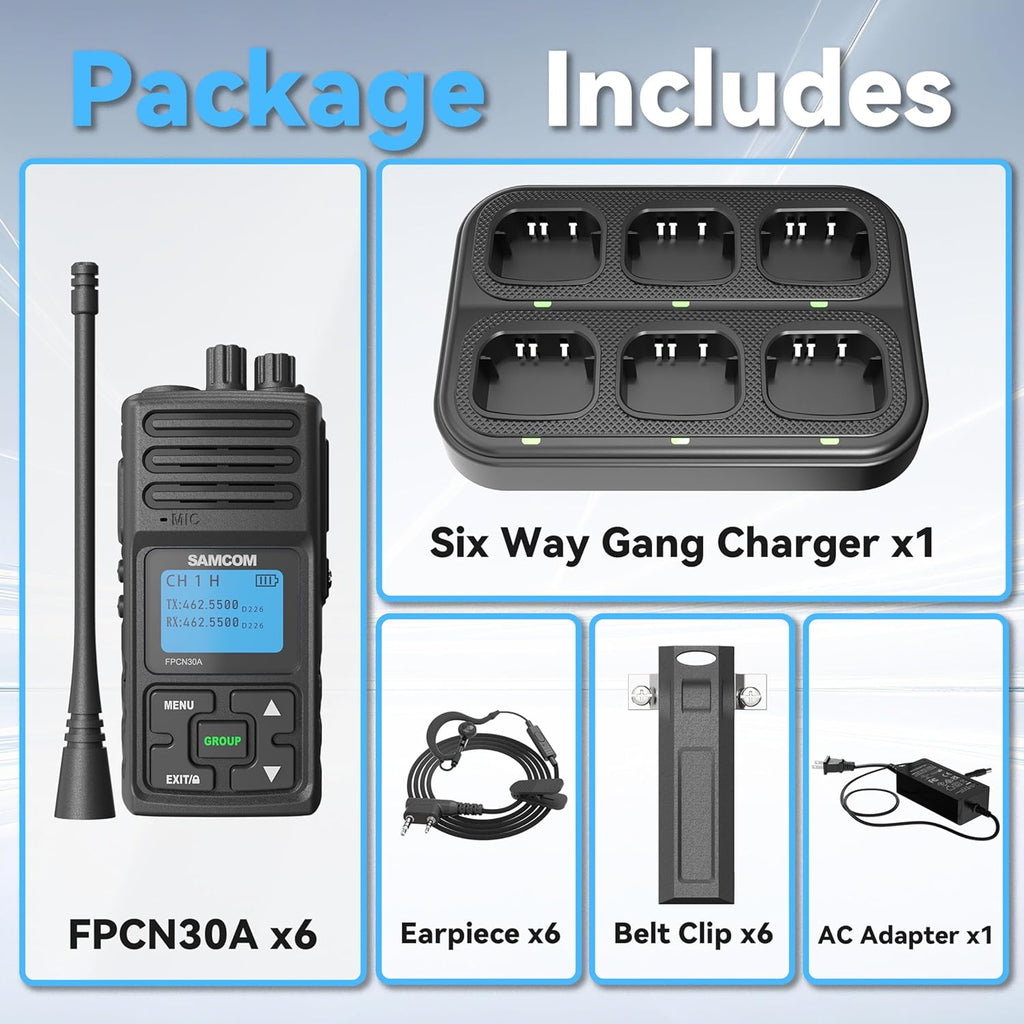 SAMCOM FPCN30A Radios Walkie Talkies Long Range Business Commercial Professional UHF 2 Way Radios Two-Way Radio(6 Pack) with 6 Way Multi Gang Charger & Earpieces