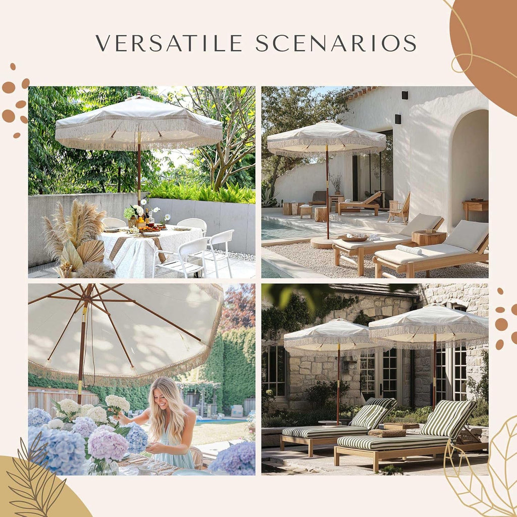 LAGarden Boho Market Wood Fringe Patio Umbrella with Carry Bag Tassels for Outdoor Event Garden Yard House Wedding Party Deck Poolside Sun Shade Parasol