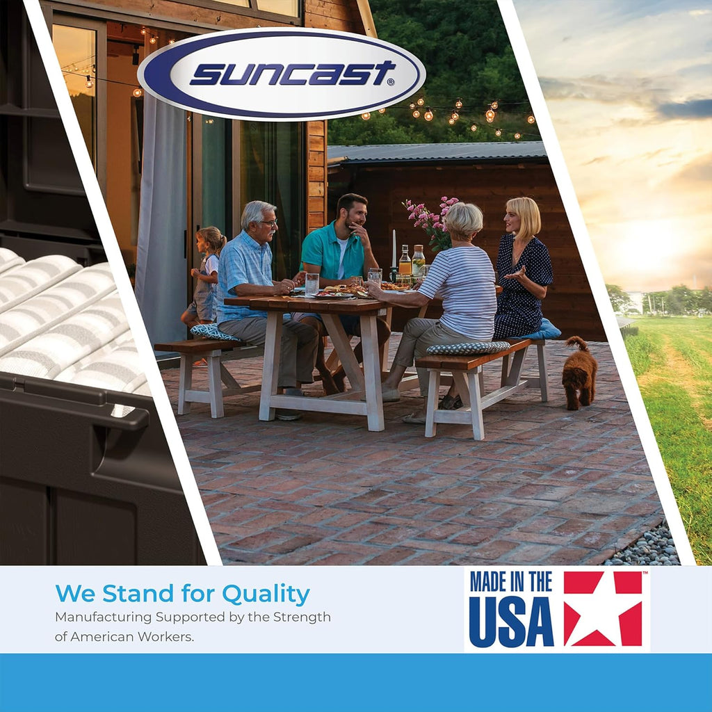 Suncast 50 Gallon Medium Capacity All Weather Construction Resin Outdoor Storage Deck Box with Bench Seat and Lid for Patio, Garden, or Pool, Java