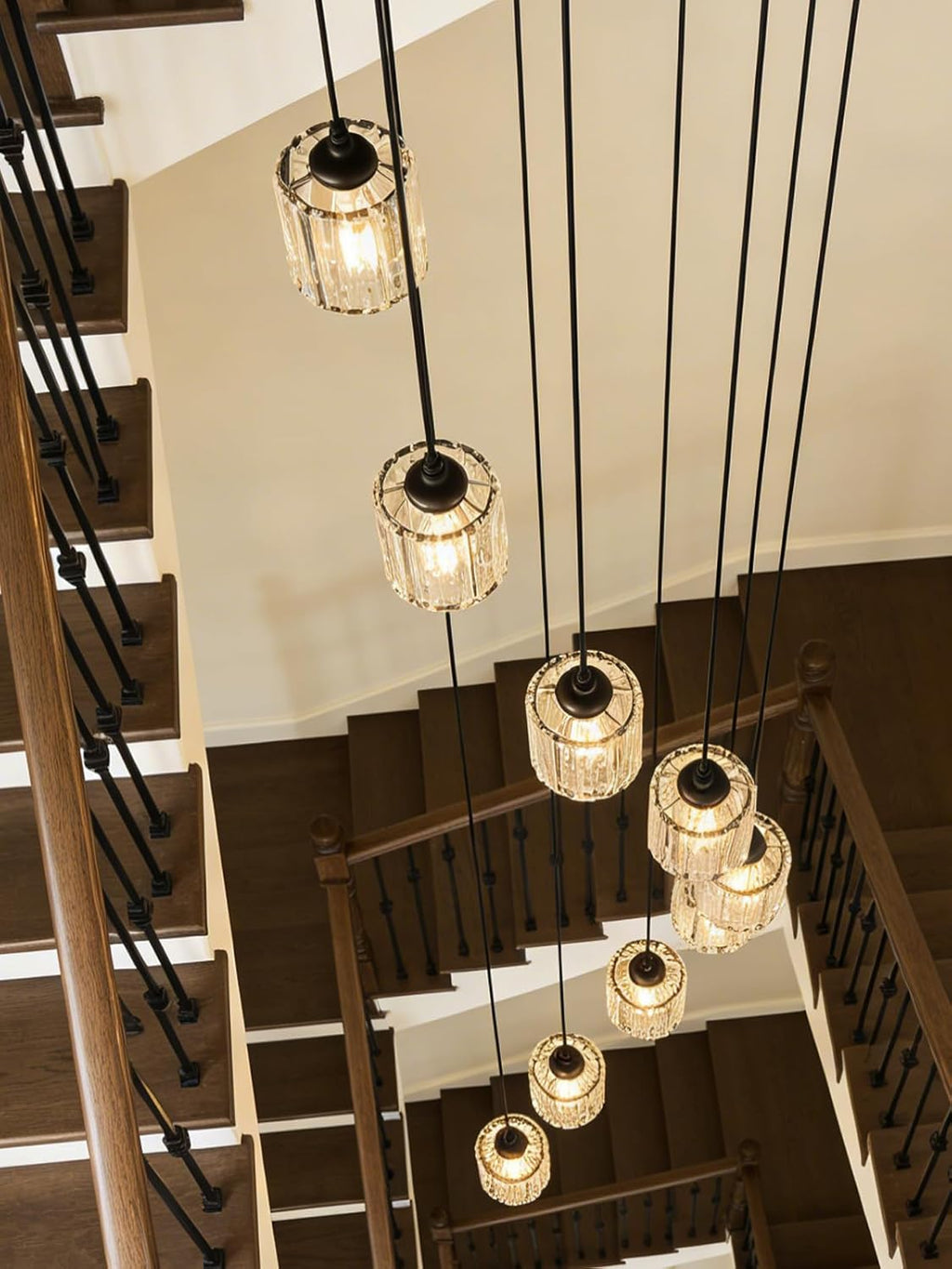 Long Chandeliers for High Ceilings,Modern Crystal Pendant Light,Raindrop Drop Lamp,Hanging Flush Mount Lighting Fixtures for Spiral Staircase,Foyer,Entryway,Living Room,Black (6 Lights)