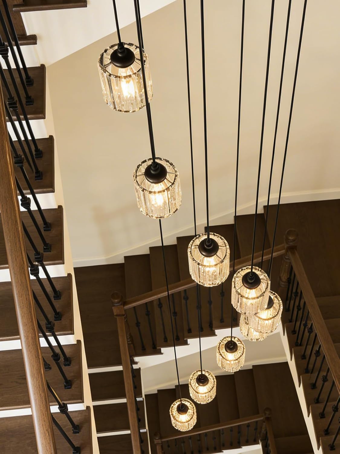 Long Chandeliers for High Ceilings,Modern Crystal Pendant Light,Raindrop Drop Lamp,Hanging Flush Mount Lighting Fixtures for Spiral Staircase,Foyer,Entryway,Living Room,Black (6 Lights)