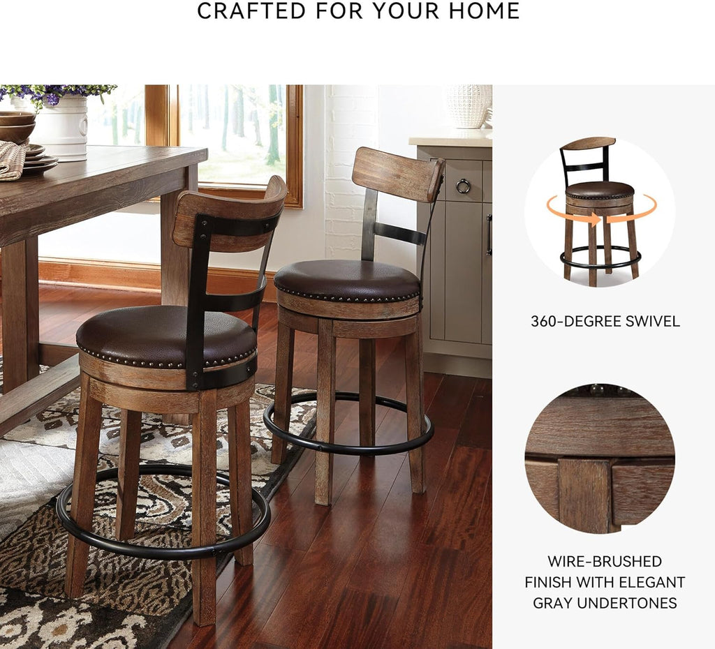 Signature Design by Ashley Pinnadel Bar Stool, Swivel Counter Height Stool Chair With Faux Leather Seat, Wood and Metal Frame for Kitchen Island With Seating, Light Brown