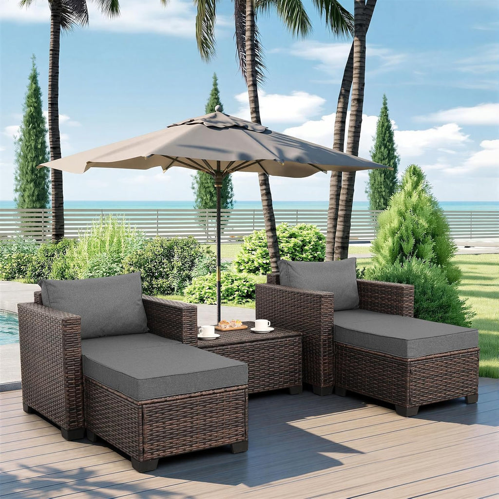 Valita 5 Pieces HDPE Wicker Outdoor Furniture Set Patio Chaise Lounge 2 of Set with Storage Table and Non-Slip Cushions Waterproof Covers, Dark Grey