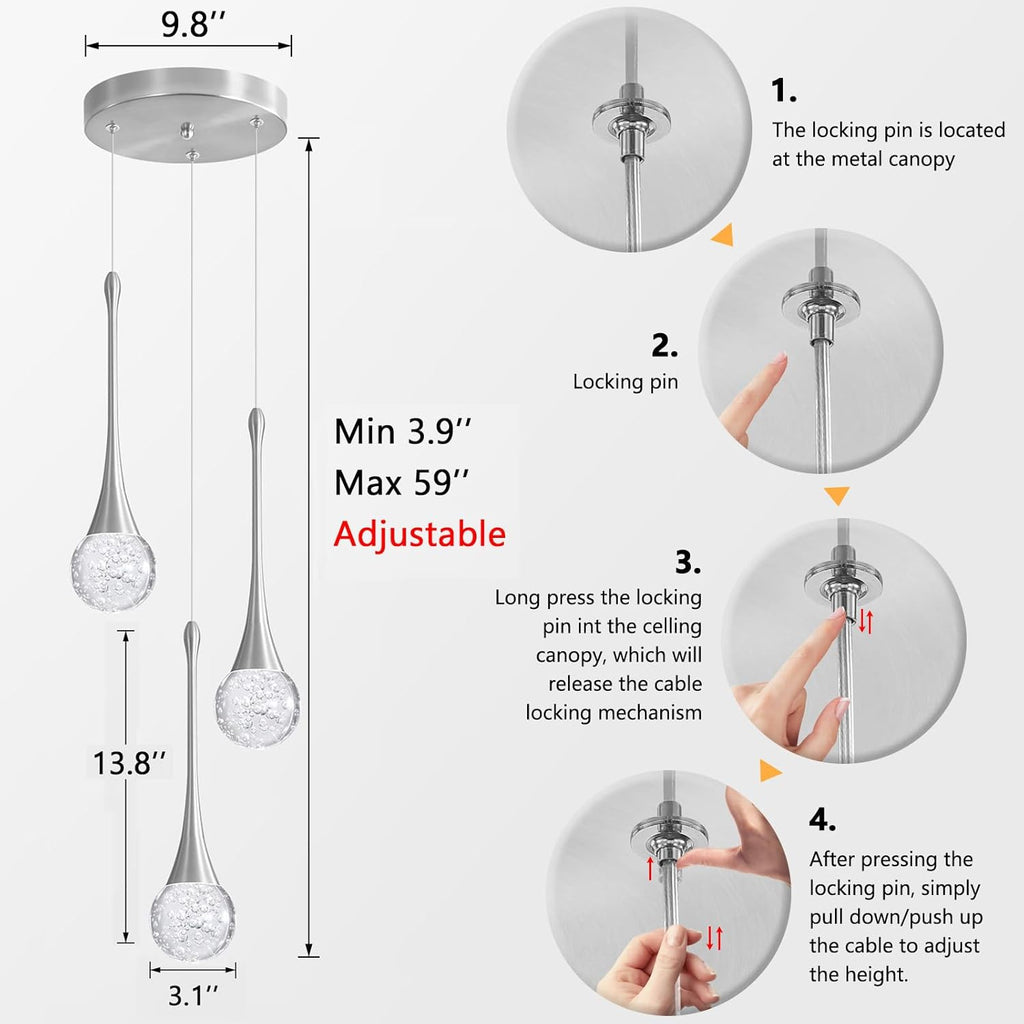 3-Lights Modern Pendant Lights for Kitchen Island LED Dimmable Crystal Glam Ceiling Pendant Lighting Chandelier for Dining Room Hallway Bedroom Corner Lamp Brushed Nickel
