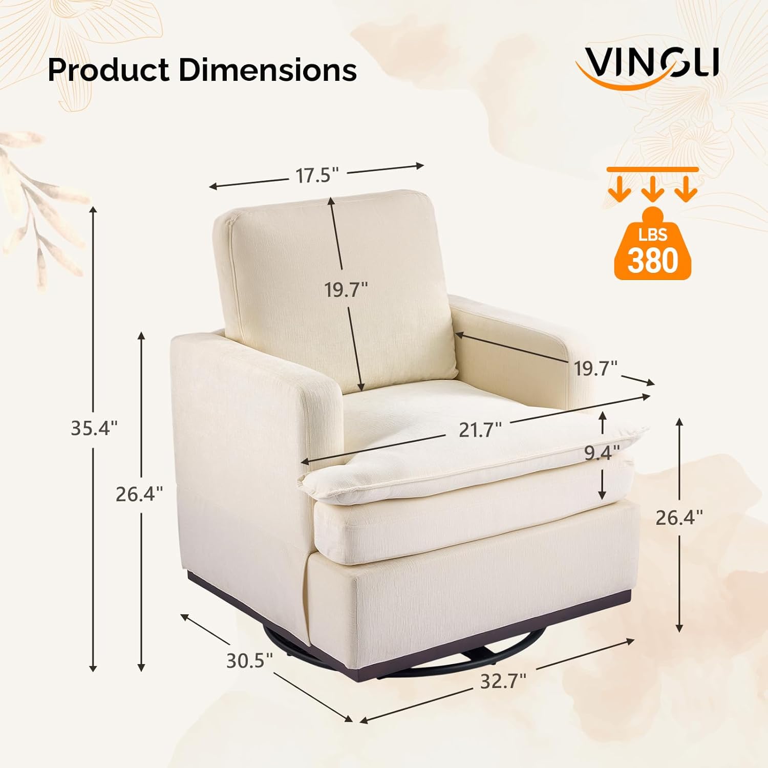 VINGLI 360°Swivel Mid-Century Modern Accent Armchairs Set of 2 with Double-Layer Seat Cushions, Comfy Single Square Sofa, Upholstered Club Chairs for Living Room,Bedroom, Reading Room, Chenille Beige