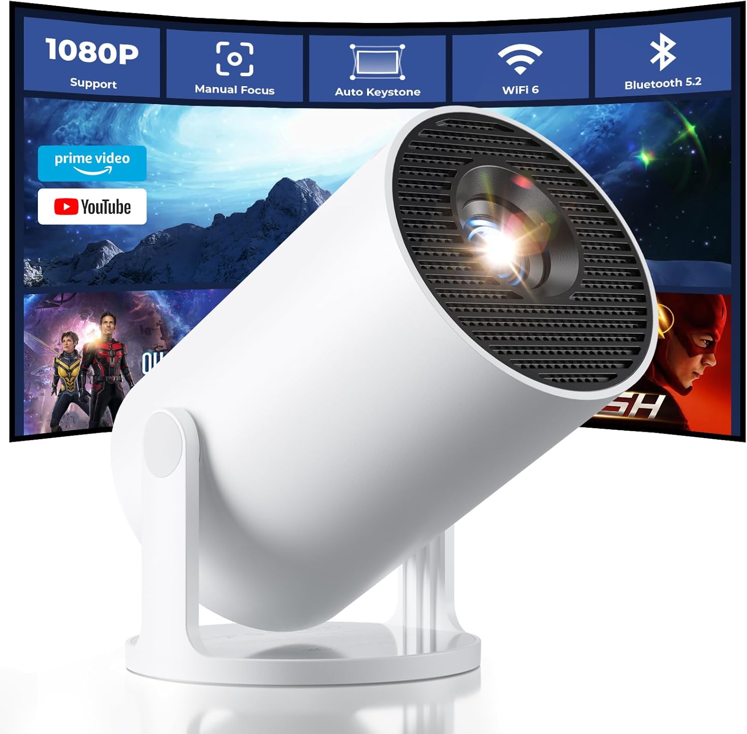 CLOKOWE Mini Projector with WiFi and Bluetooth, Built-in Apps, Smart Portable Projector with 180° Rotation, Auto Keystone, Support 1080P, Compatible with HDMI/USB/TV Stick/Smartphone/Laptop