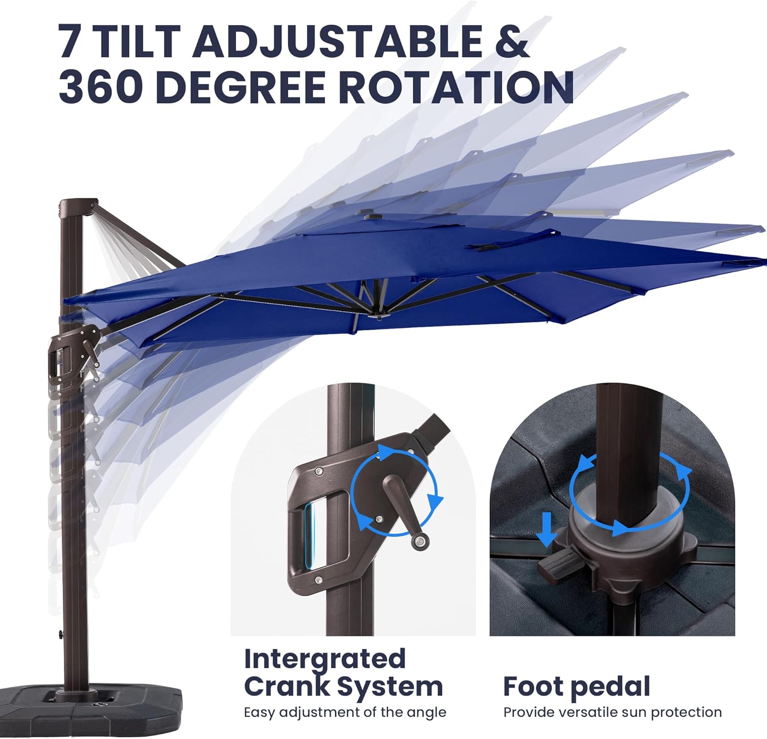 9' X 12' Cantilever Patio Umbrella with Base Included Rectangular Outdoor Large Offset Umbrellas with 7 Tilts Adjustable 360°Rotation for Deck Pool Garden Backyard, Navy