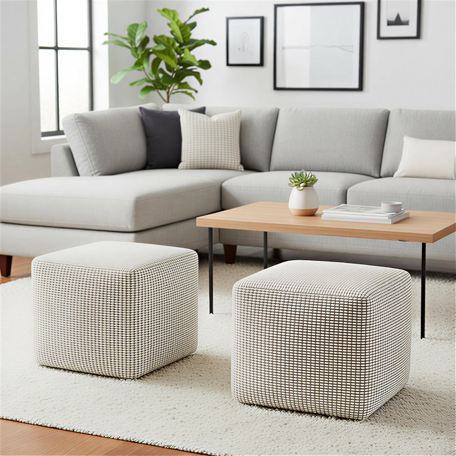SIMPLIHOME Zelma Square Pouf – 18 inch Wide Upholstered PET Polyester Ottoman in Dune Beige, Boho Indoor/Outdoor Footstool or Extra Seating for Living Room or Patio, Assembled