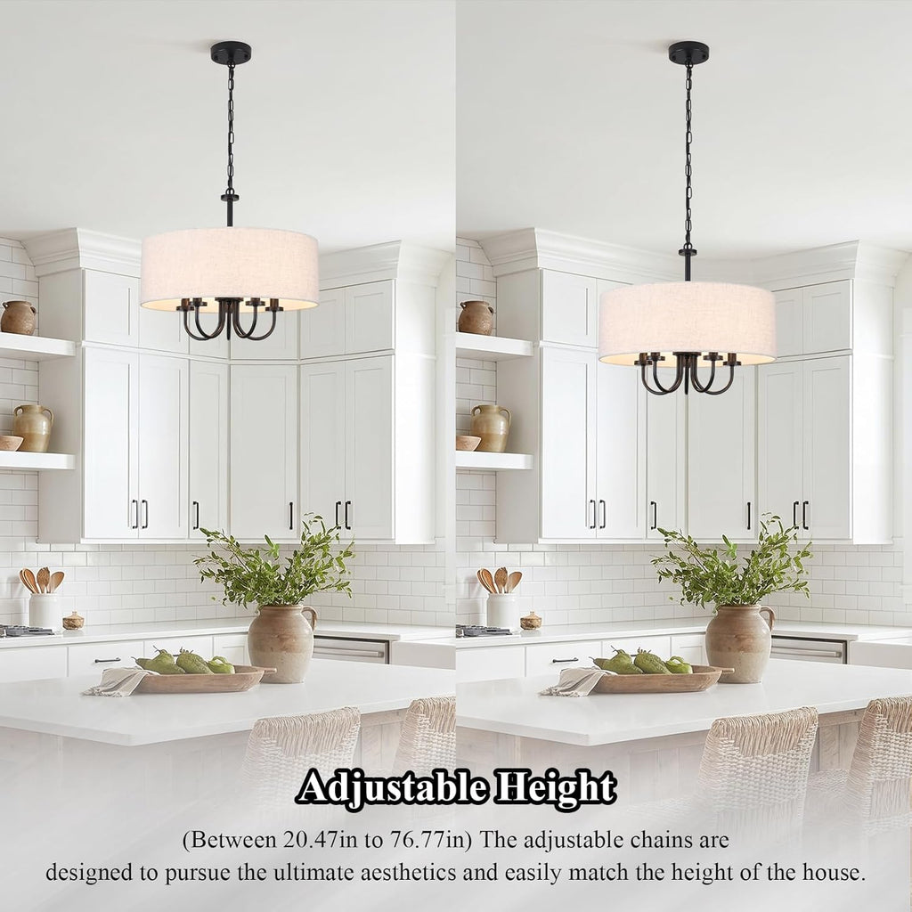 Drum Chandelier 5 Light 19" Dining Room Chandeliers Modern Black Farmhouse Chandelier White Linen Drum Shade Pendant Light Fixture for Living Room Bedroom Hallway