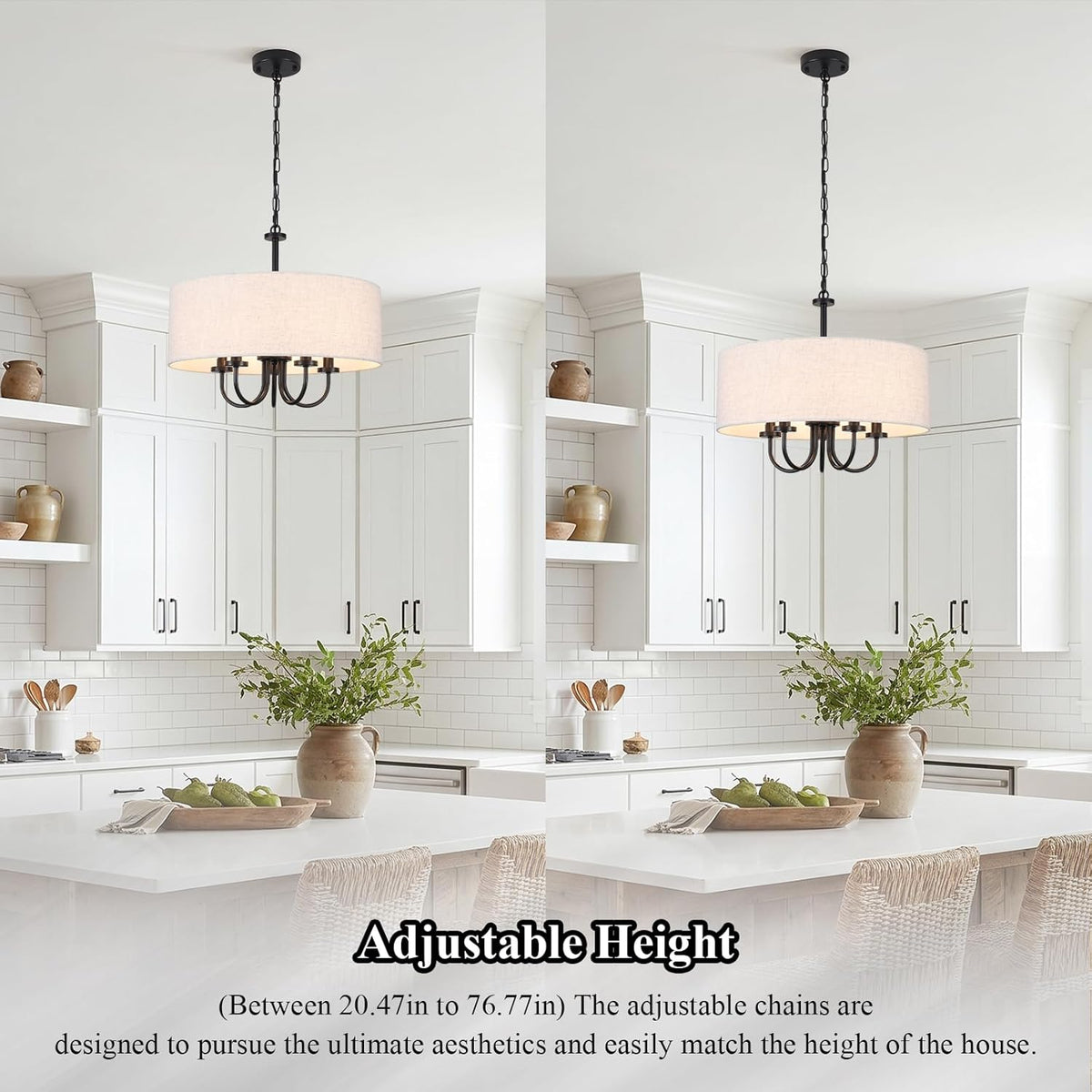 Drum Chandelier 5 Light 19" Dining Room Chandeliers Modern Black Farmhouse Chandelier White Linen Drum Shade Pendant Light Fixture for Living Room Bedroom Hallway