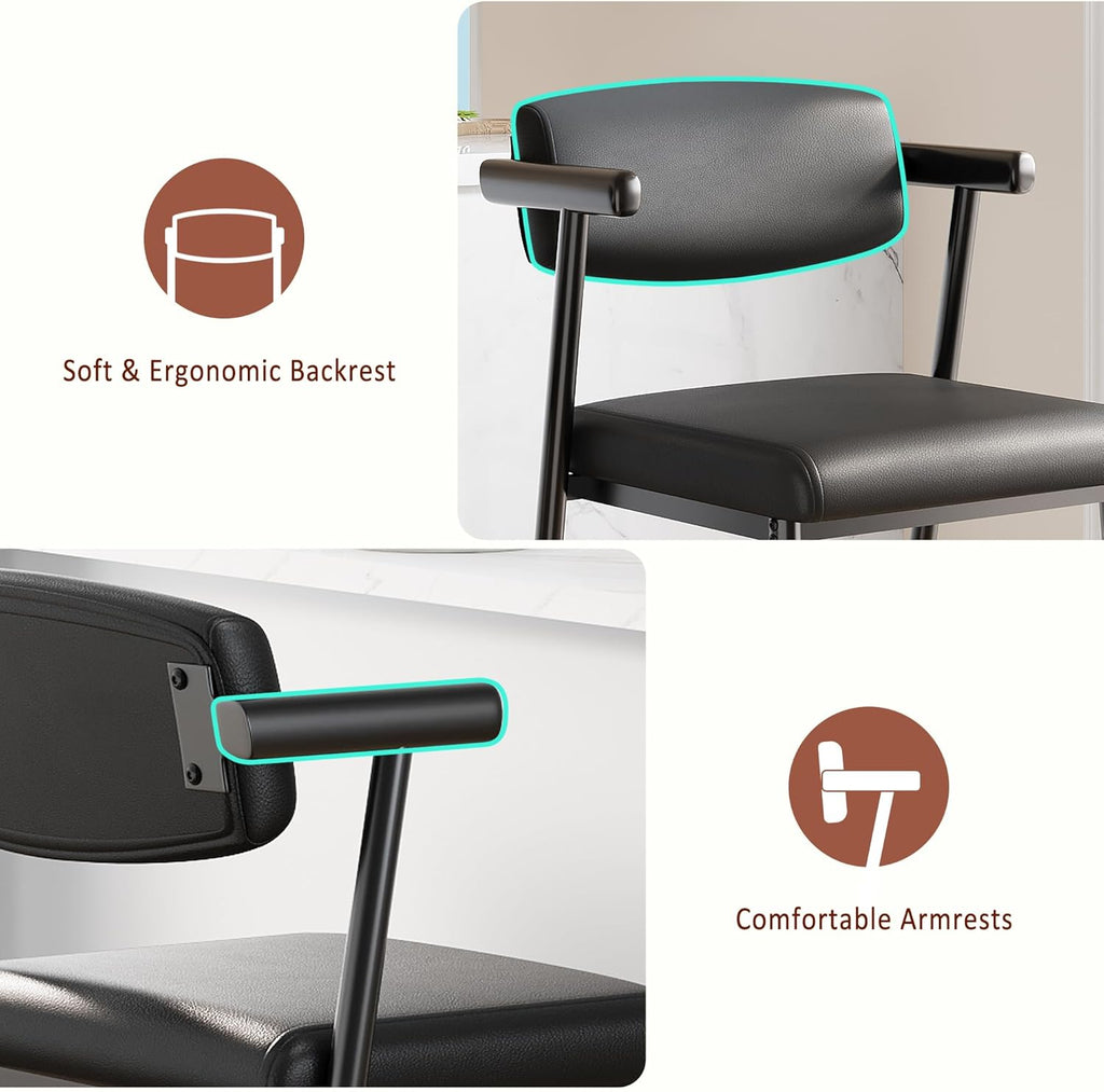 IDEALHOUSE Bar Stools Set of 4 with Armrests, Counter Height Bar Stools Set with Footrest & Soft Back, Metal Barstools Set with Wide Upholstered Seat for Kitchen Islands, Counter Bars, Rustic Black