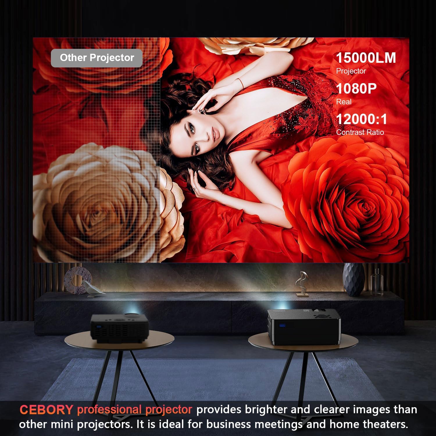 CEBORY Native 1080P Projector with Wifi and Bluetooth, 15000LM Full HD Movie Projector Include Screen and Carrying Bag,4K Proyectores Compatible with HDMIUSB/PHONE/Laptop, for Home, Bedroom, Outdoor