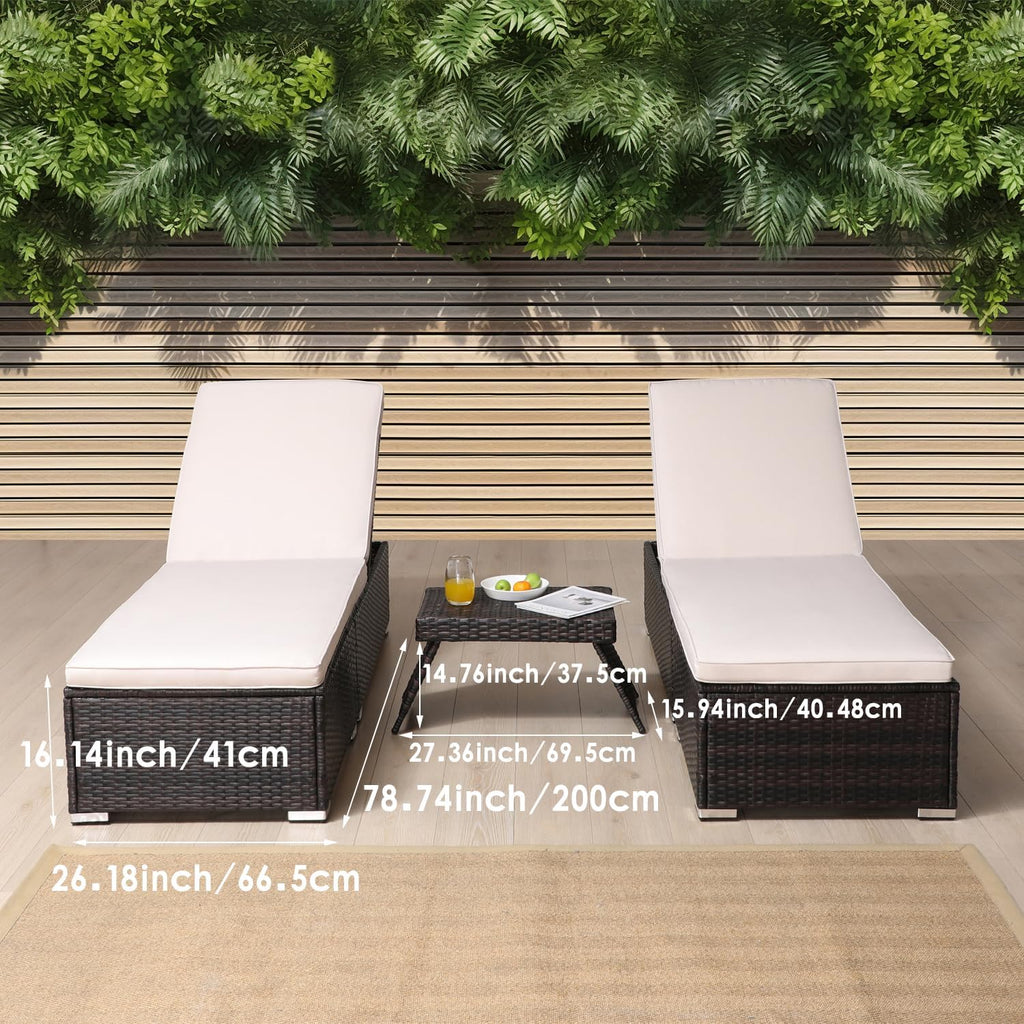 Outside Patio Adjustable Chaise Lounge and Side Table, Outdoor Wicker Lounge Chairs with Coffee Table, Folding Chaise Lounger with Cushions for Poolside Deck Lawn Beach Yard Pool