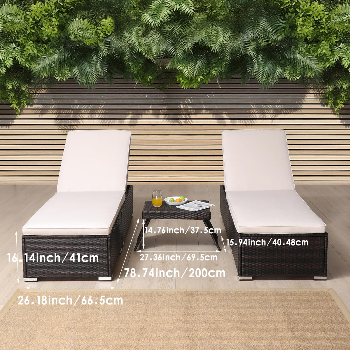 Outside Patio Adjustable Chaise Lounge and Side Table, Outdoor Wicker Lounge Chairs with Coffee Table, Folding Chaise Lounger with Cushions for Poolside Deck Lawn Beach Yard Pool