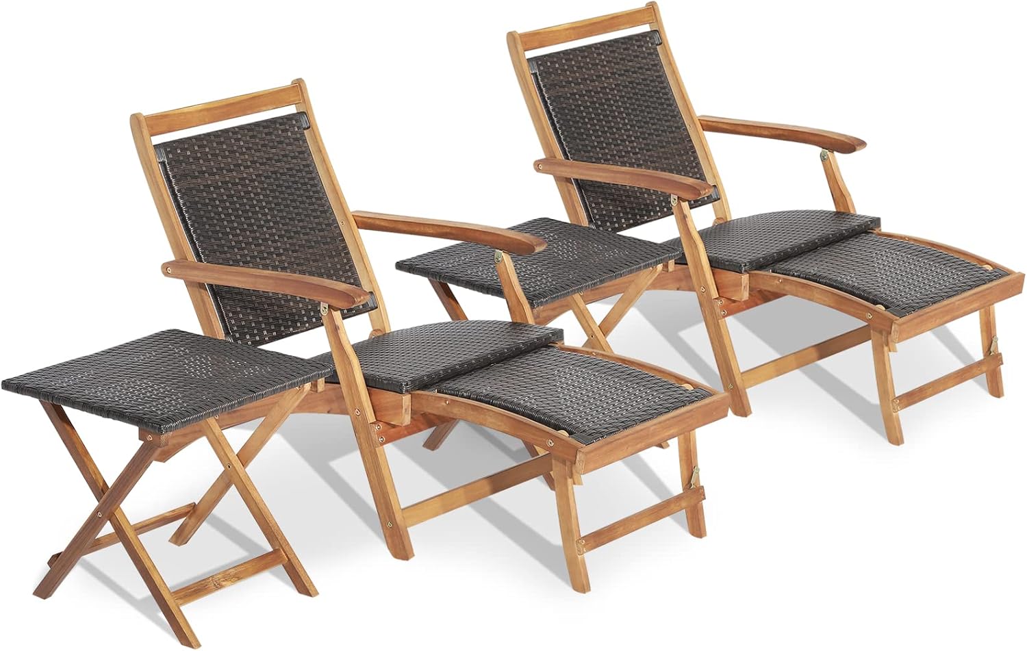 Tangkula Patio Lounge Chair and Side Table Set of 2, Acacia Wood Wicker Folding Table and Armrest Chair with Retractable Ottoman, Acacia Wood Outdoor Chaise Lounger for Garden, Backyard, Poolside (2)