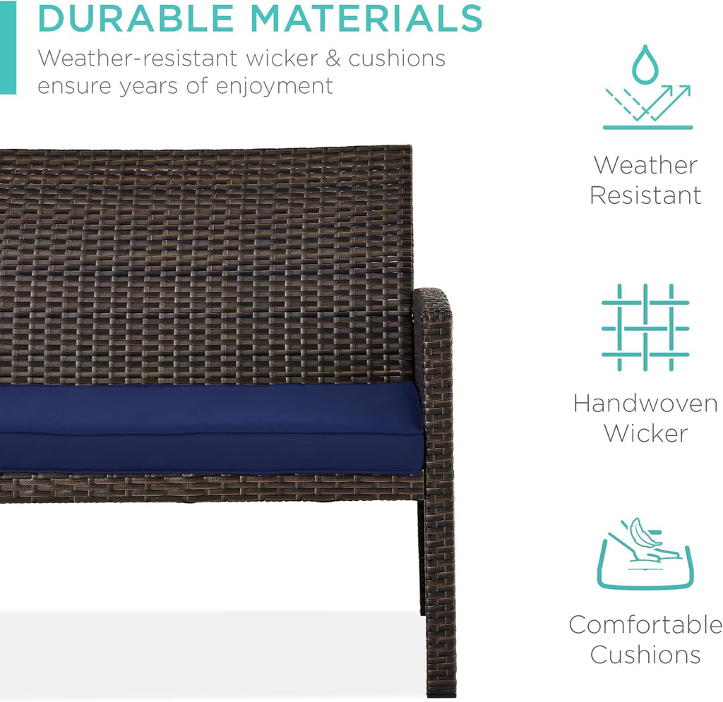 Best Choice Products 4-Piece Outdoor Wicker Patio Conversation Furniture Set for Backyard w/Coffee Table, Seat Cushions - Brown/Navy