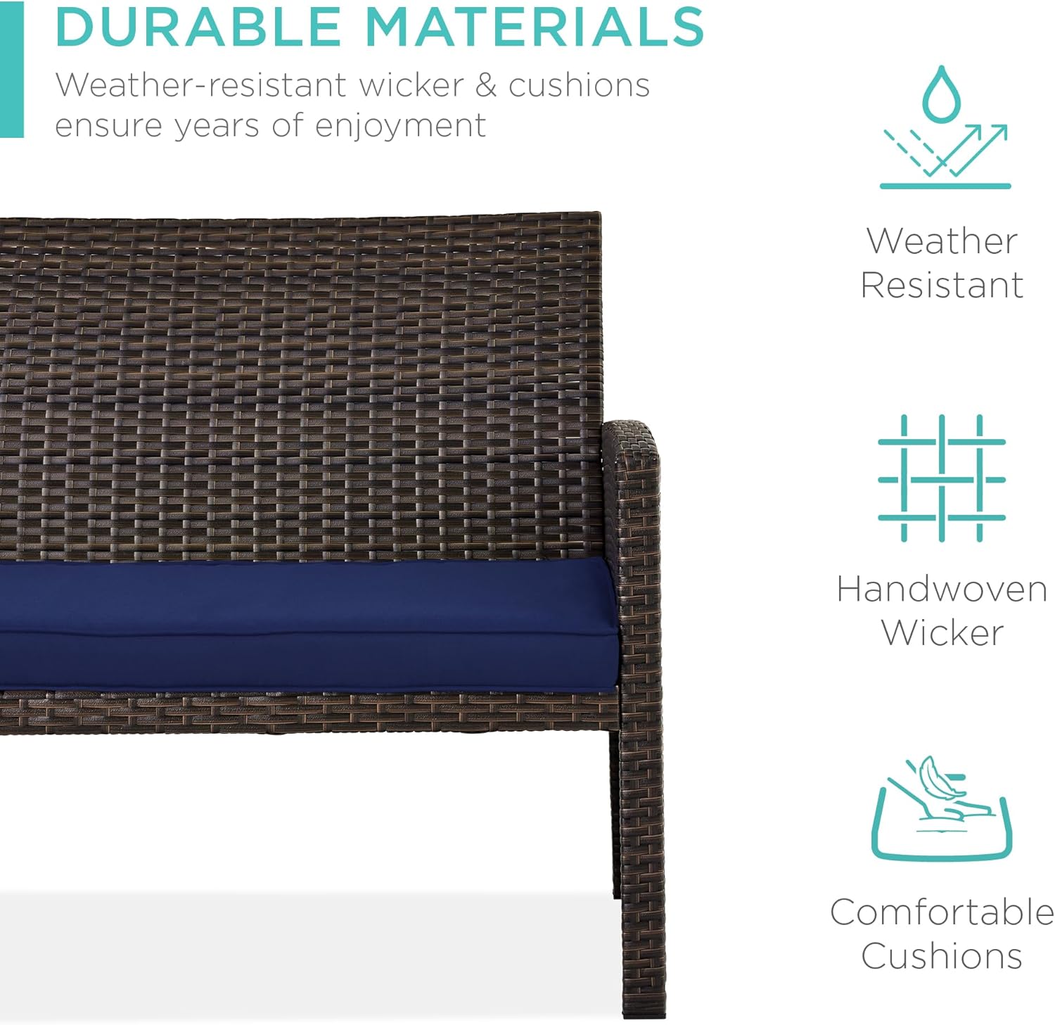Best Choice Products 4-Piece Outdoor Wicker Patio Conversation Furniture Set for Backyard w/Coffee Table, Seat Cushions - Brown/Navy