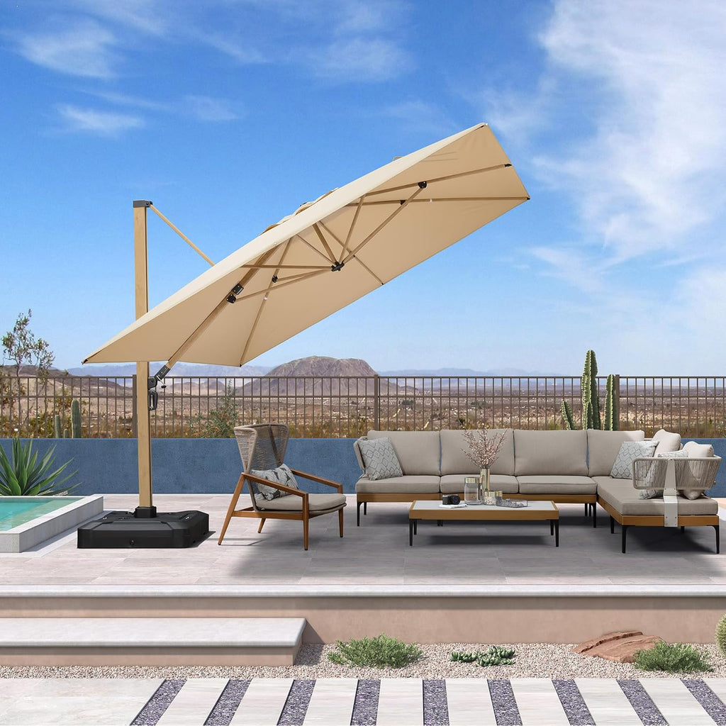 PURPLE LEAF 11FT Patio Umbrella Square Cantilever Umbrella Teak Finished Aluminum Frame Large Windproof Offset Outdoor Sun Umbrellas for Beach Pool Deck, Beige