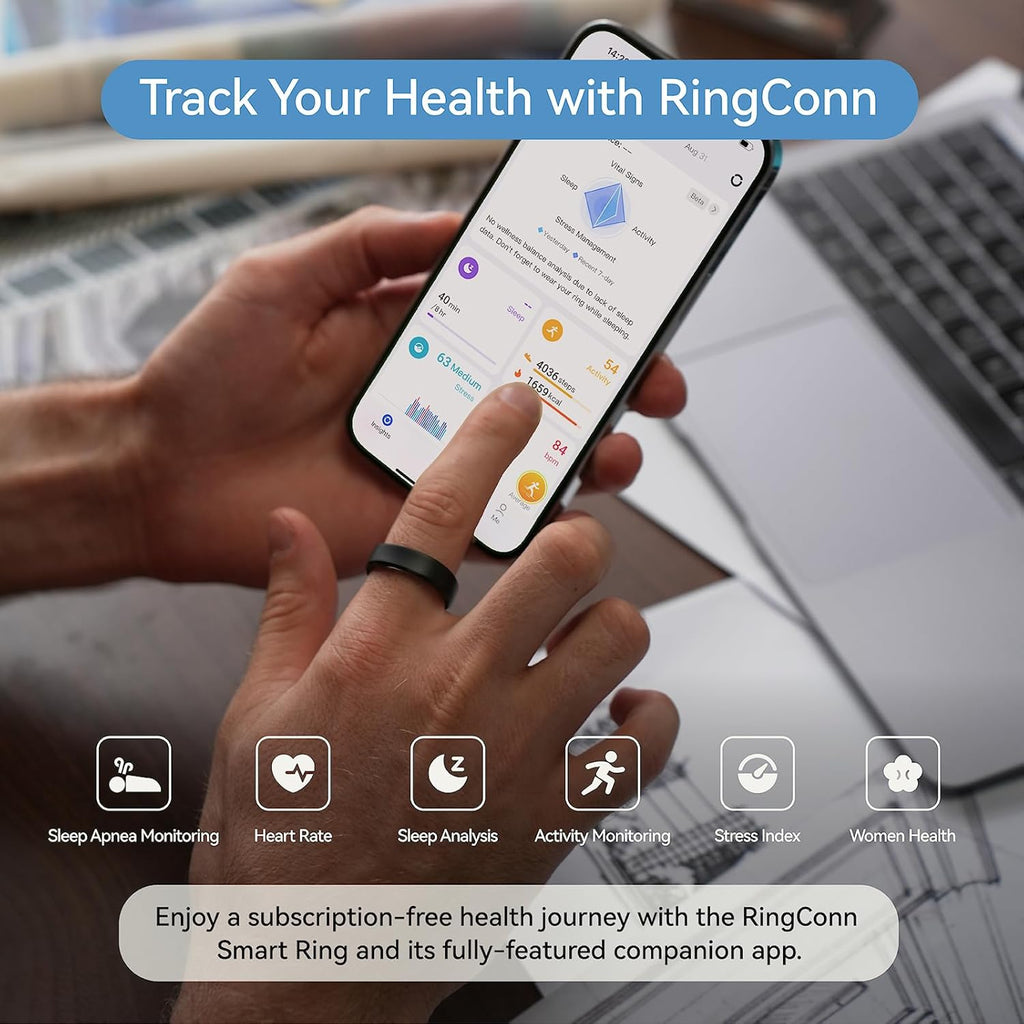 RingConn Gen 2, World's First Smart Ring with Sleep Apnea Monitoring, No APP Subscription, 12-Day Battery Life, Stress/Heart Rate/Women's Health Tracker, Android & iOS Compatible (Black, Size 11)
