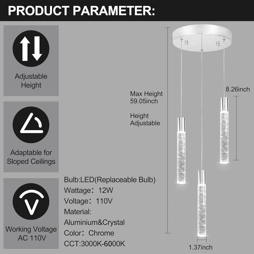 3 Light Pendant Lights Kitchen Island,Modern LED Bubble Crystal Pendants with Dimmable 3000K-6000K Ceiling Hanging Light Fixture for Dining Room Bedroom,Chrome Finish,Adjustable Height 59"