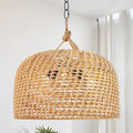 LamQee 18 Inch Rattan Farmhouse Chandelier, 3-Lights Boho Large Pendant Light with Dome Wicker Shade, Rustic Hand Woven Hanging Lighting Fixture for Dining Room, Kitchen Island, Entryway, Foyer