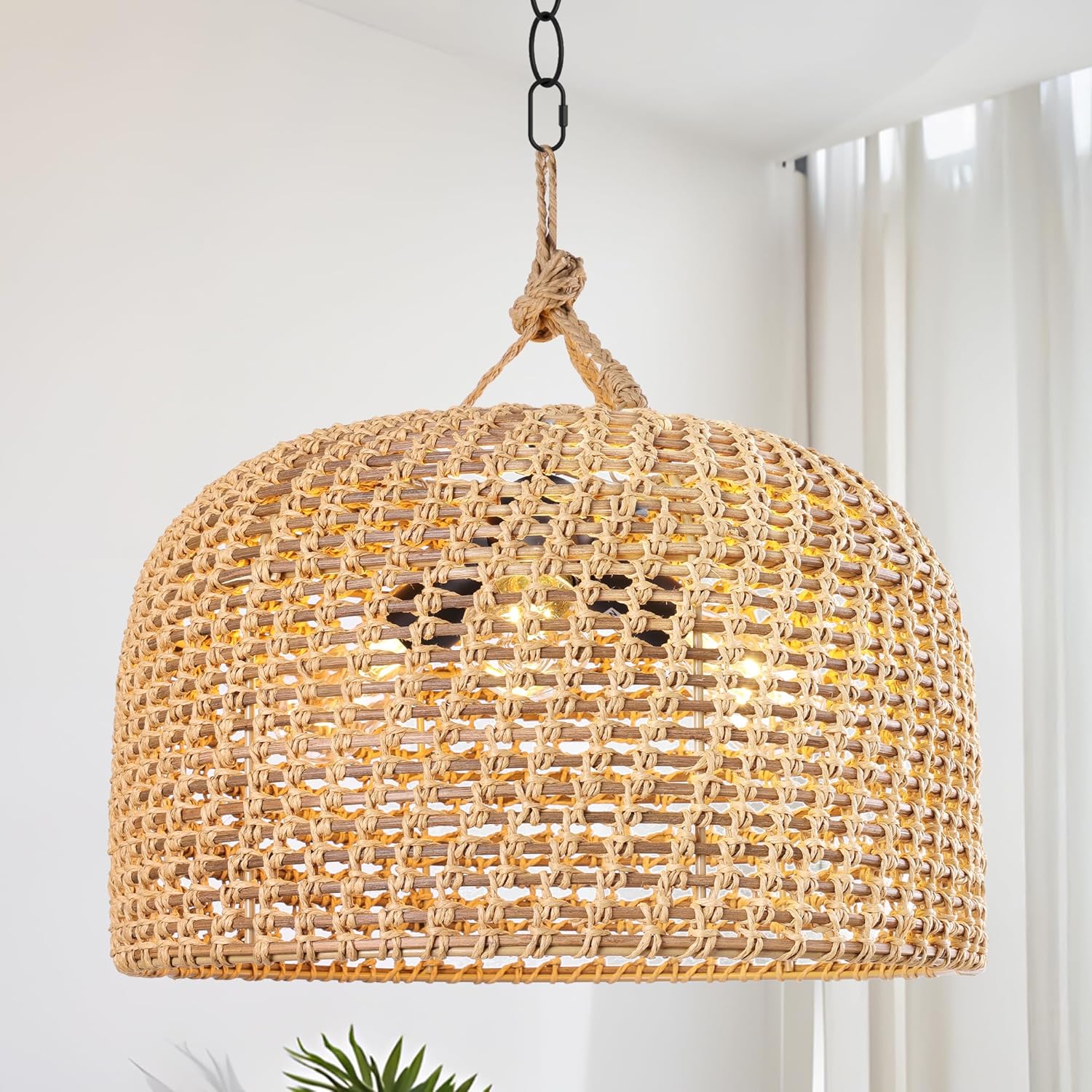 LamQee 18 Inch Rattan Farmhouse Chandelier, 3-Lights Boho Large Pendant Light with Dome Wicker Shade, Rustic Hand Woven Hanging Lighting Fixture for Dining Room, Kitchen Island, Entryway, Foyer