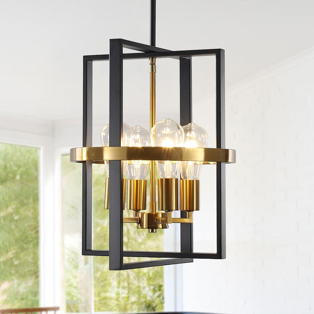 Small Black and Gold Chandelier for Dining Room, 4-Light Modern Pendant Lights Adjustable Geometric Industrial Rustic Foyer Lighting Fixtures for Entryway Living Room Kitchen Island Hallway