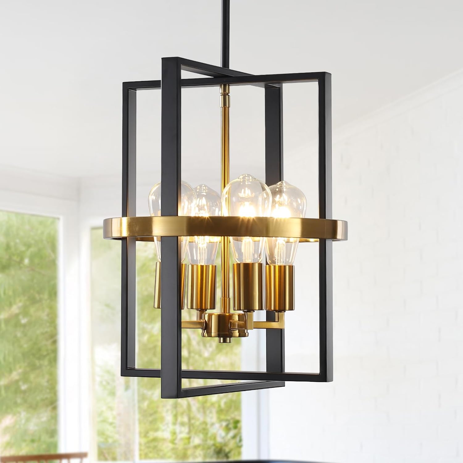 Small Black and Gold Chandelier for Dining Room, 4-Light Modern Pendant Lights Adjustable Geometric Industrial Rustic Foyer Lighting Fixtures for Entryway Living Room Kitchen Island Hallway
