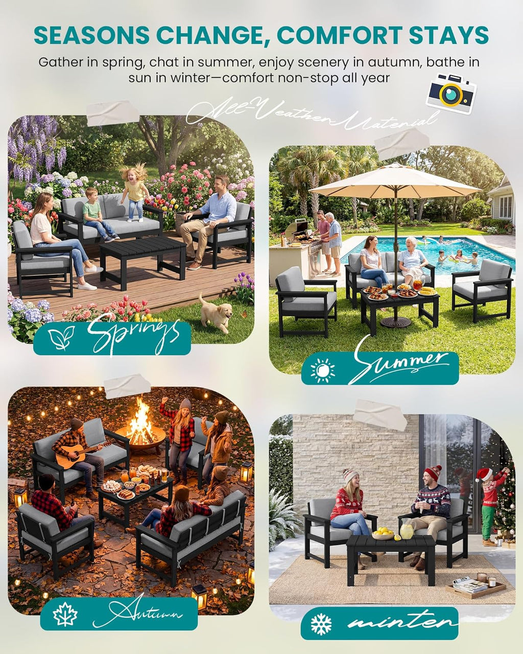 SERWALL 2 Pieces Single Cushioned Lounge Chair, Black HDPE Outdoor Adirondack Sofa Armchair with Grey Cushion